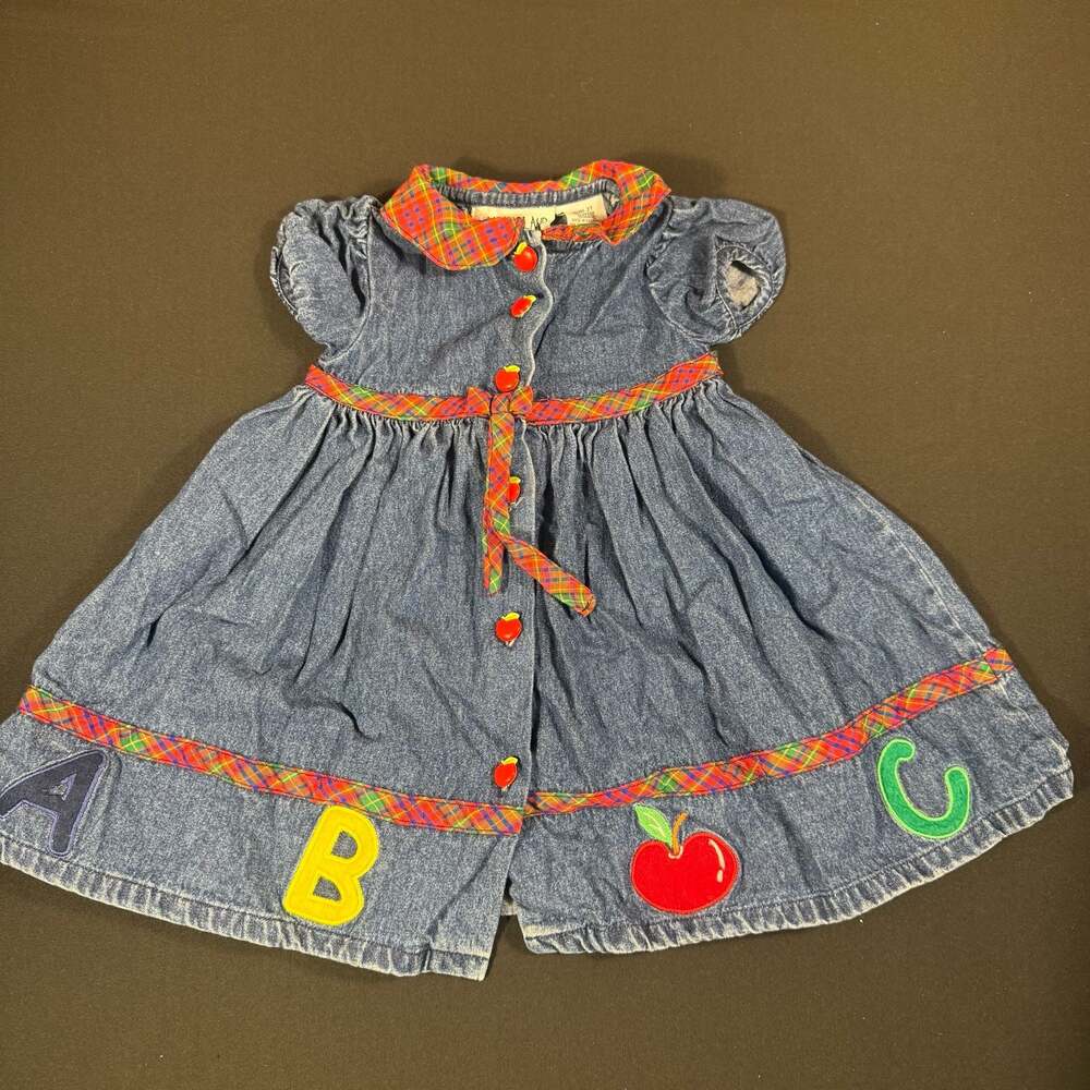 Vintage Youngland Toddler Girls 2T Denim Dress ABC Apple Plaid Trim